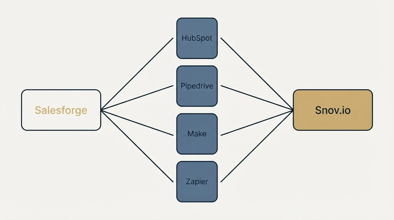 Integration flow: Integration Ecosystem (Salesforge, Snov.io, HubSpot, Pipedrive)