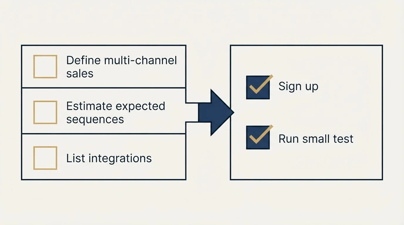 Before-and-after steps: Getting Started Checklist (Define multi-channel sales, Estimate expected sequences, List integrations, Sign up)