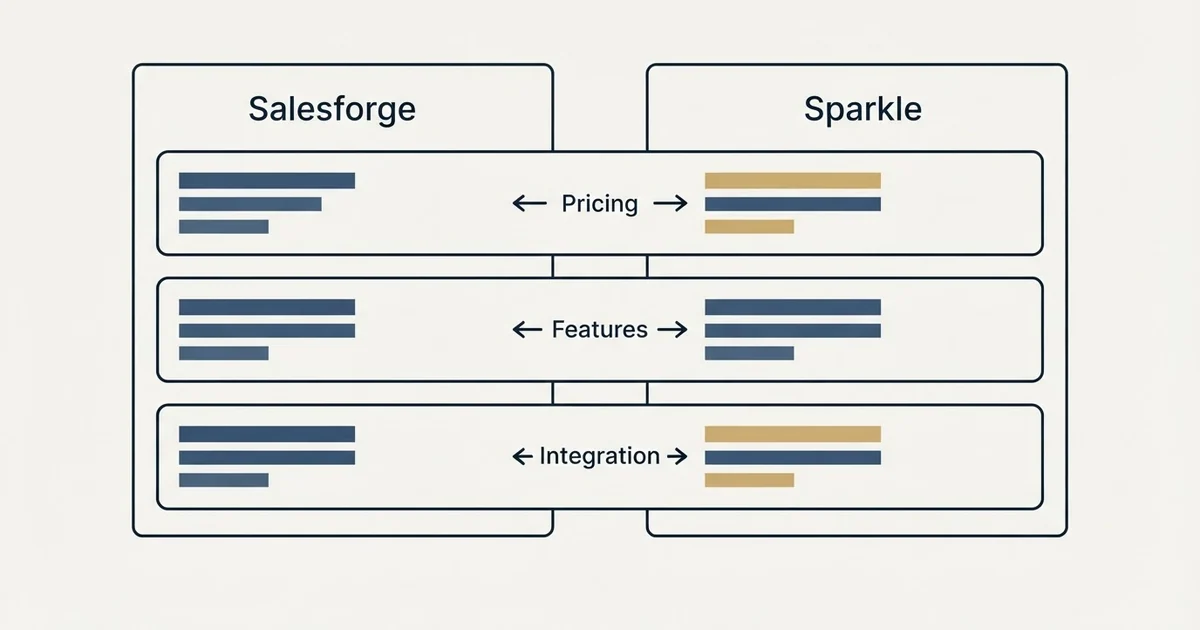 Comparison panel: Salesforge vs Sparkle (Pricing, Features, Integration)