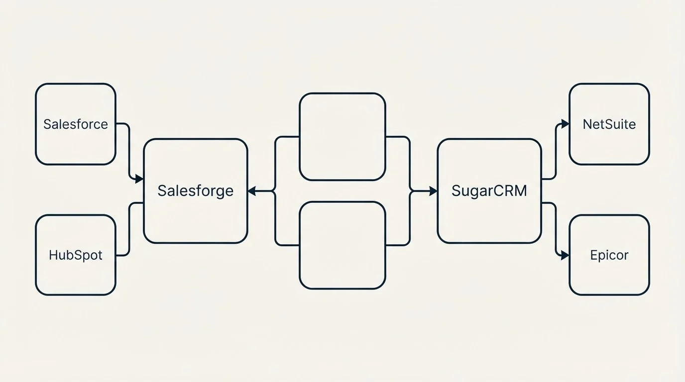 Integration schematic: Integration Ecosystem (Salesforge, SugarCRM, Salesforce, NetSuite)