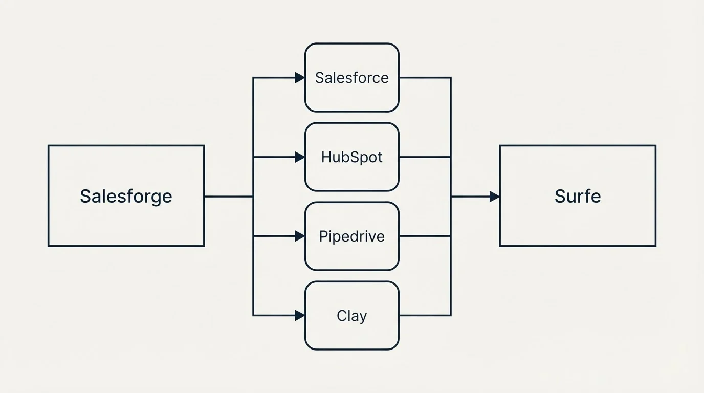 Integration flow: Integration Ecosystem (Salesforge, Surfe, Salesforce, HubSpot)