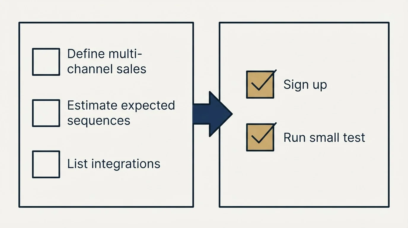 Before-and-after steps: Getting Started Checklist (Define multi-channel sales, Estimate expected sequences, List integrations, Sign up)
