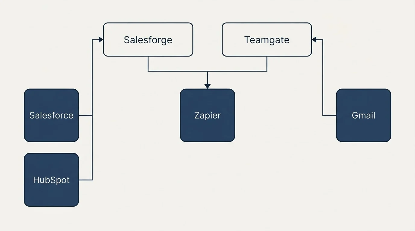 Integration grid: Integration Ecosystem (Salesforge, Teamgate, Zapier, Salesforce)