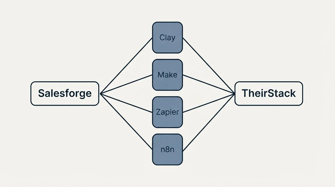 Integration schematic: Integration Ecosystem (Salesforge, TheirStack, Clay, Make)