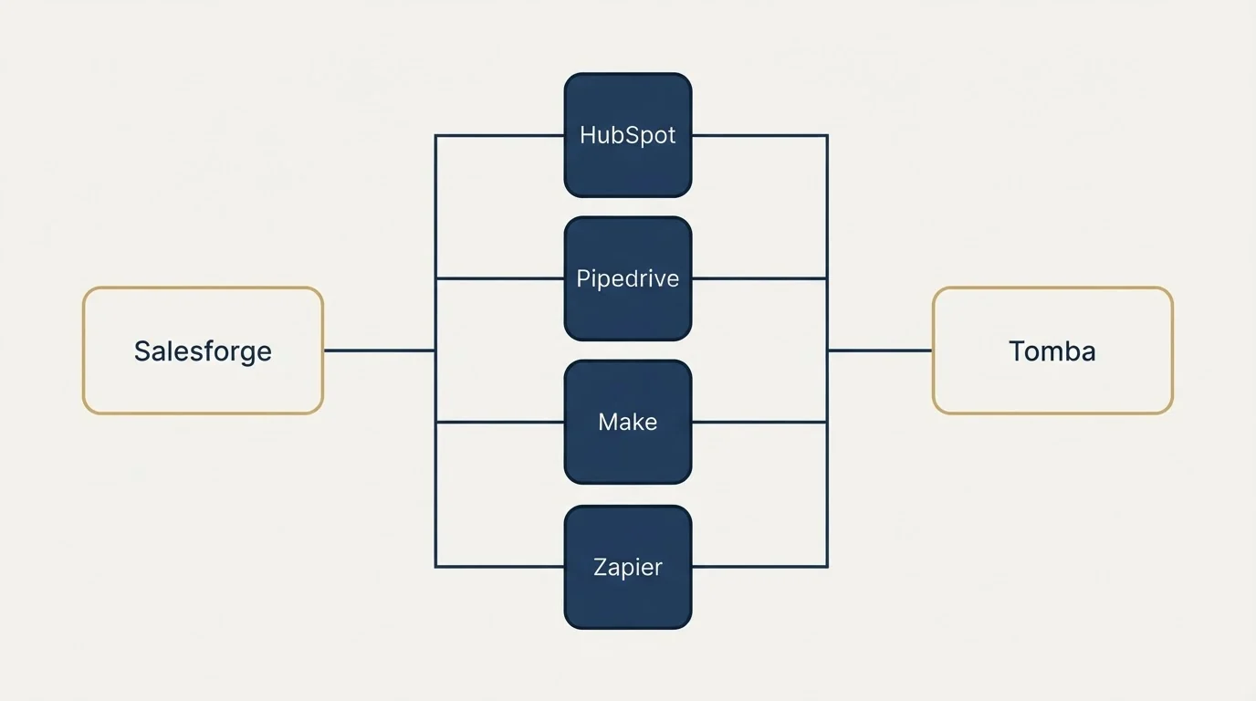 Integration flow: Integration Ecosystem (Salesforge, Tomba, HubSpot, Pipedrive)