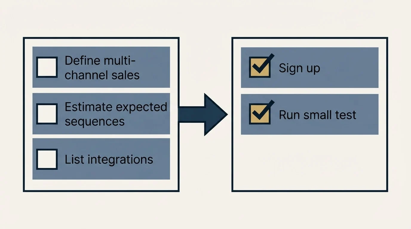 Before-and-after steps: Getting Started Checklist (Define multi-channel sales, Estimate expected sequences, List integrations, Sign up)