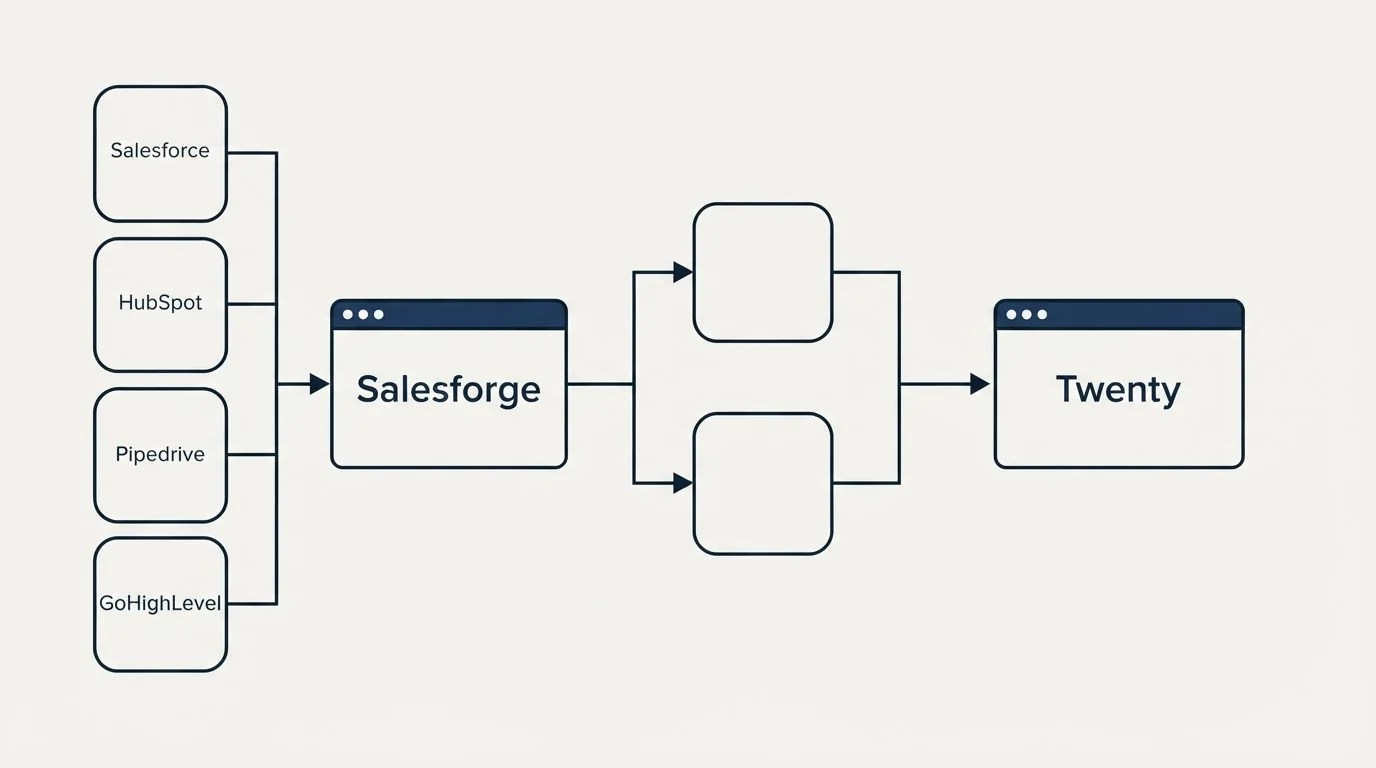 Integration flow: Integration Ecosystem (Salesforge, Twenty, Salesforce, HubSpot)
