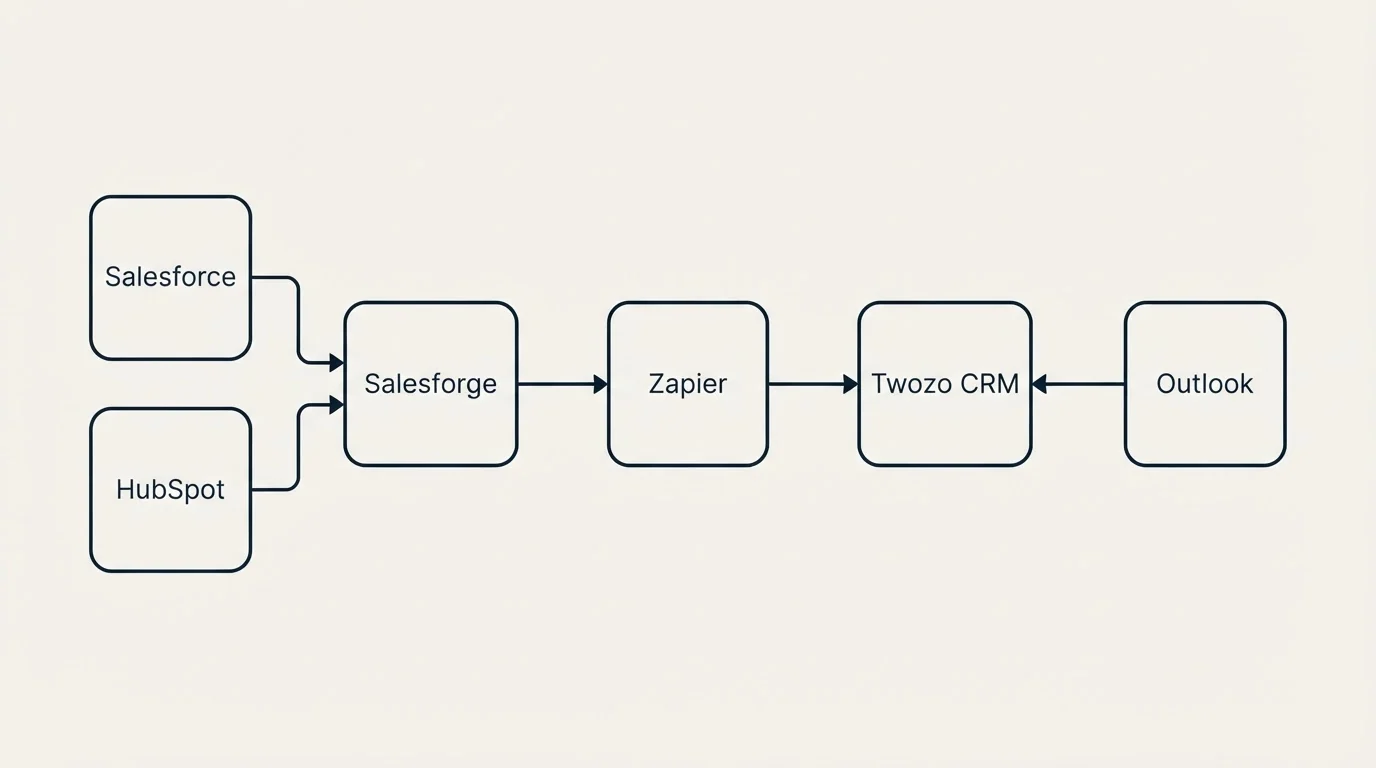 Integration flow: Integration Ecosystem (Salesforge, Twozo CRM, Zapier, Salesforce)