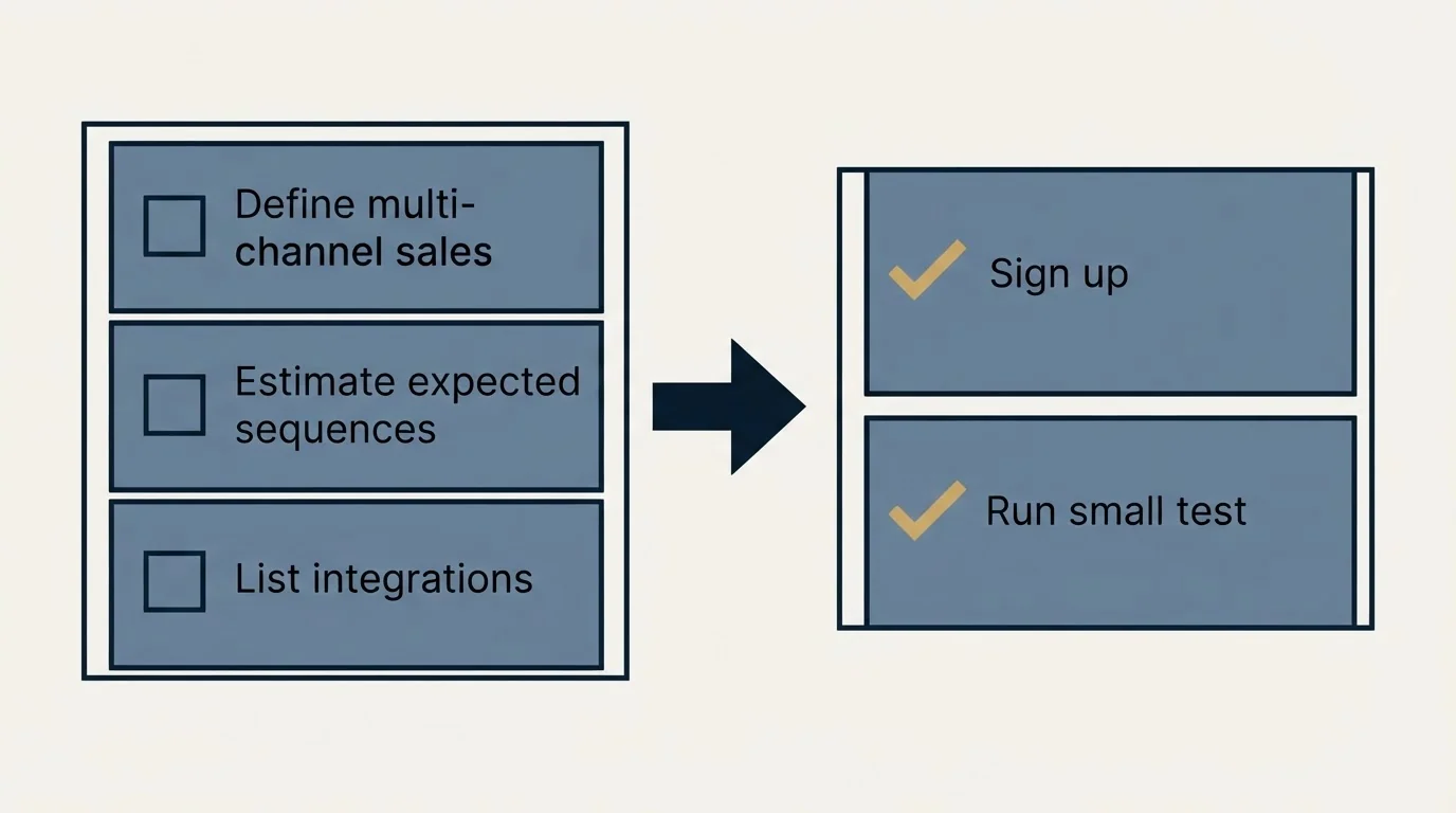 Before-and-after steps: Getting Started Checklist (Define multi-channel sales, Estimate expected sequences, List integrations, Sign up)