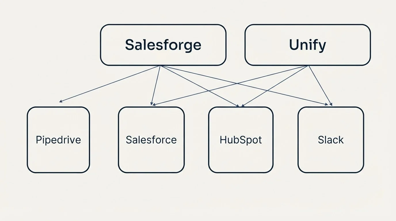Integration grid: Integration Ecosystem (Salesforge, Unify, Salesforce, HubSpot)