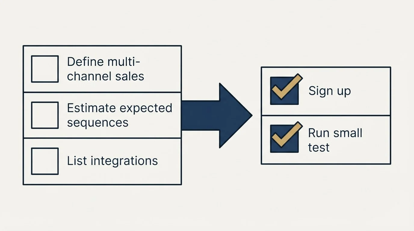 Before-and-after steps: Getting Started Checklist (Define multi-channel sales, Estimate expected sequences, List integrations, Sign up)
