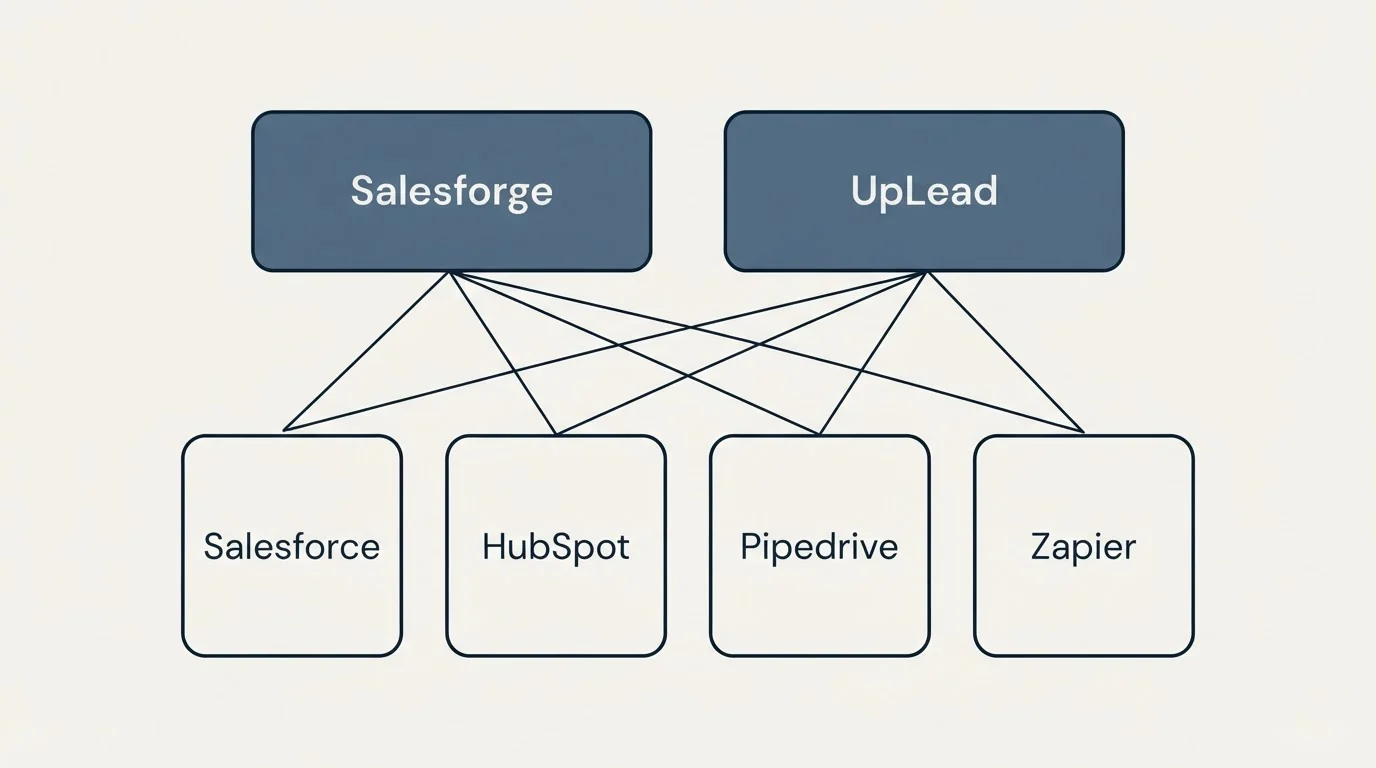 Integration grid: Integration Ecosystem (Salesforge, UpLead, Salesforce, HubSpot)