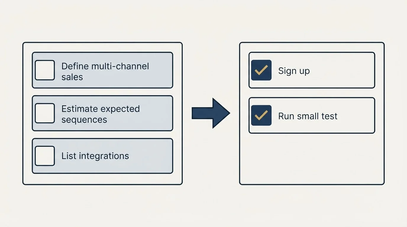 Before-and-after steps: Getting Started Checklist (Define multi-channel sales, Estimate expected sequences, List integrations, Sign up)