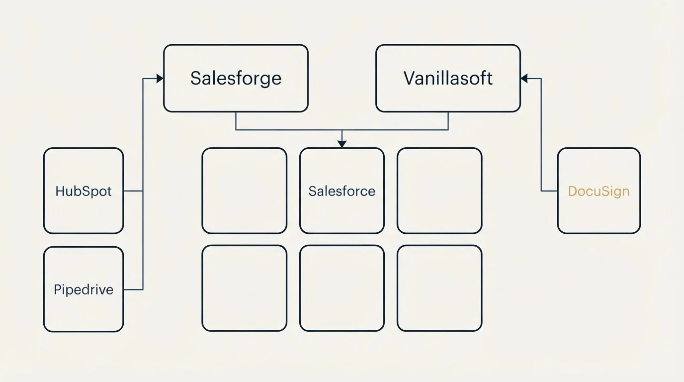 Integration grid: Integration Ecosystem (Salesforge, Vanillasoft, Salesforce, HubSpot)