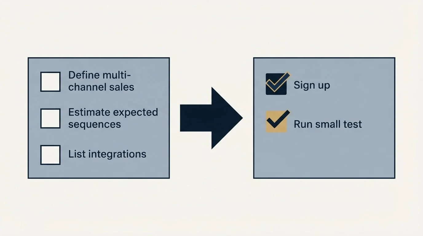 Before-and-after steps: Getting Started Checklist (Define multi-channel sales, Estimate expected sequences, List integrations, Sign up)