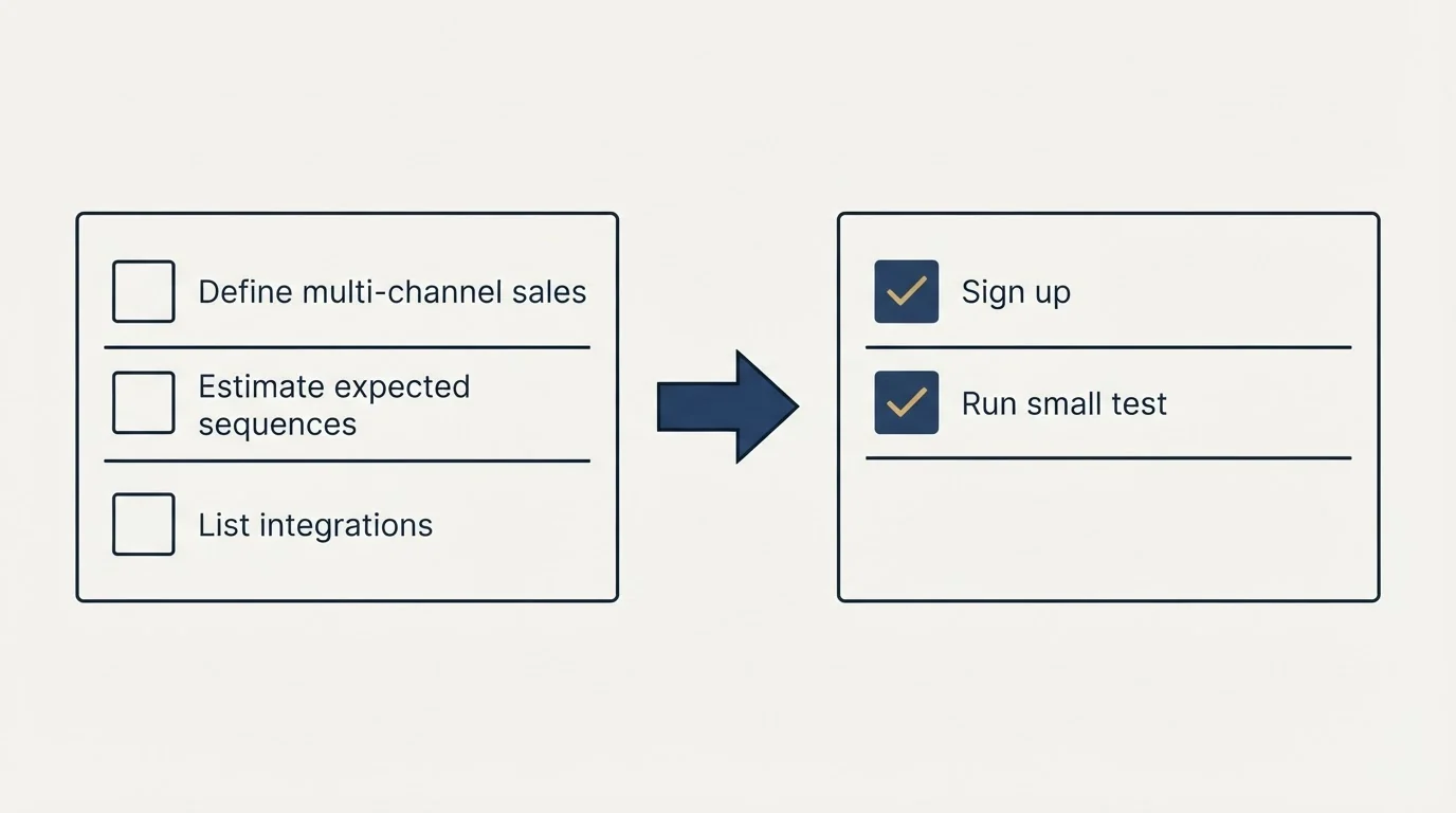 Before-and-after steps: Getting Started Checklist (Define multi-channel sales, Estimate expected sequences, List integrations, Sign up)