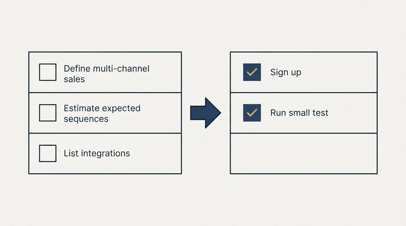 Before-and-after steps: Getting Started Checklist (Define multi-channel sales, Estimate expected sequences, List integrations, Sign up)