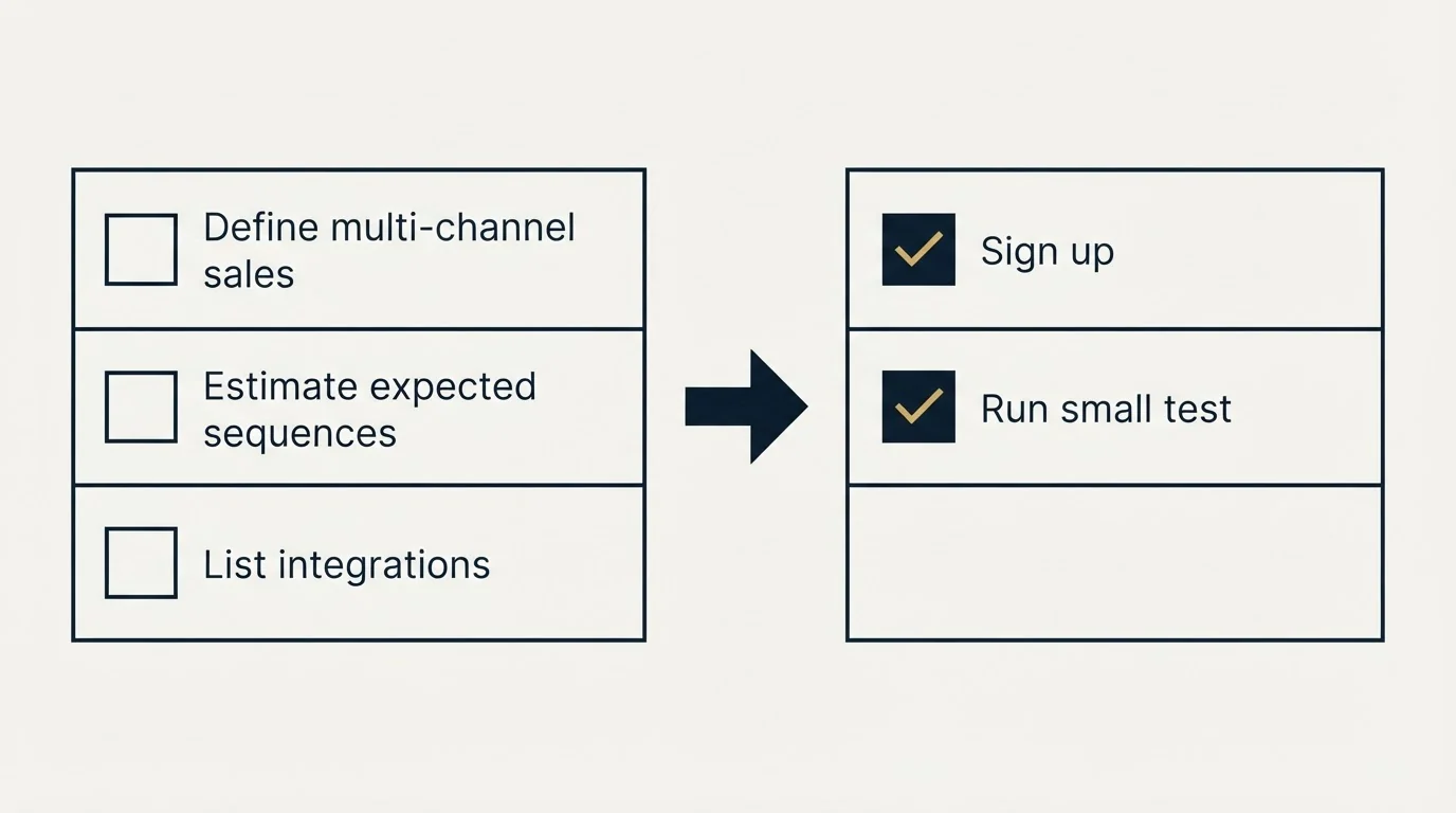 Before-and-after steps: Getting Started Checklist (Define multi-channel sales, Estimate expected sequences, List integrations, Sign up)