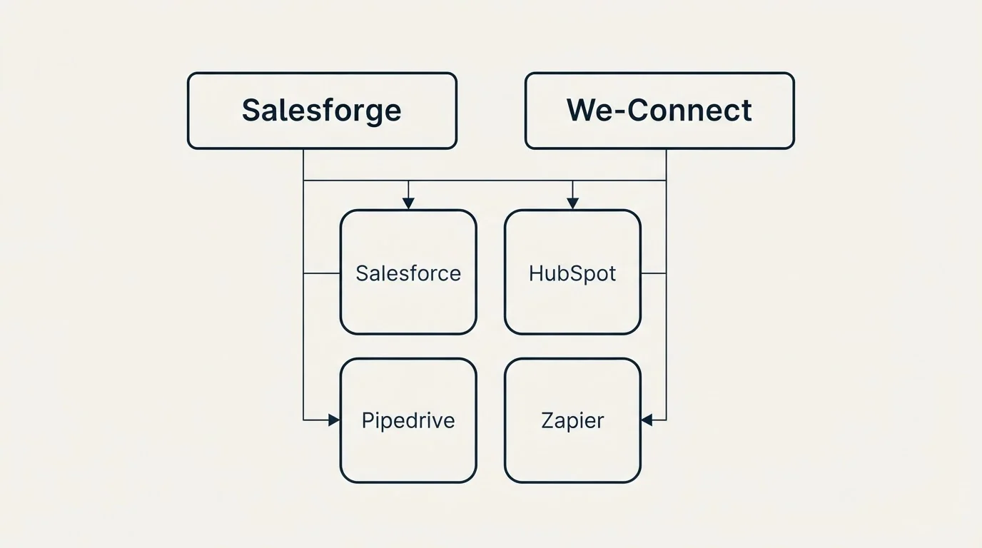 Integration grid: Integration Ecosystem (Salesforge, We-Connect, Salesforce, HubSpot)