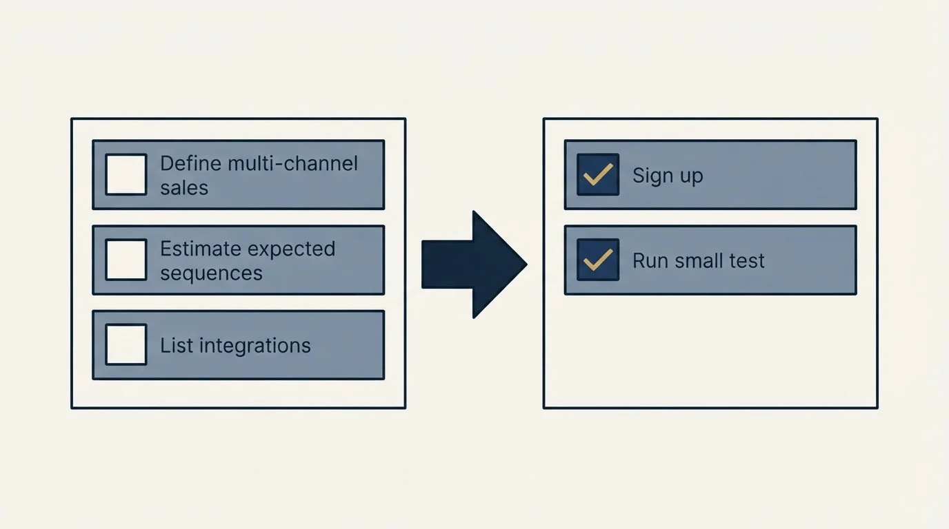 Before-and-after steps: Getting Started Checklist (Define multi-channel sales, Estimate expected sequences, List integrations, Sign up)