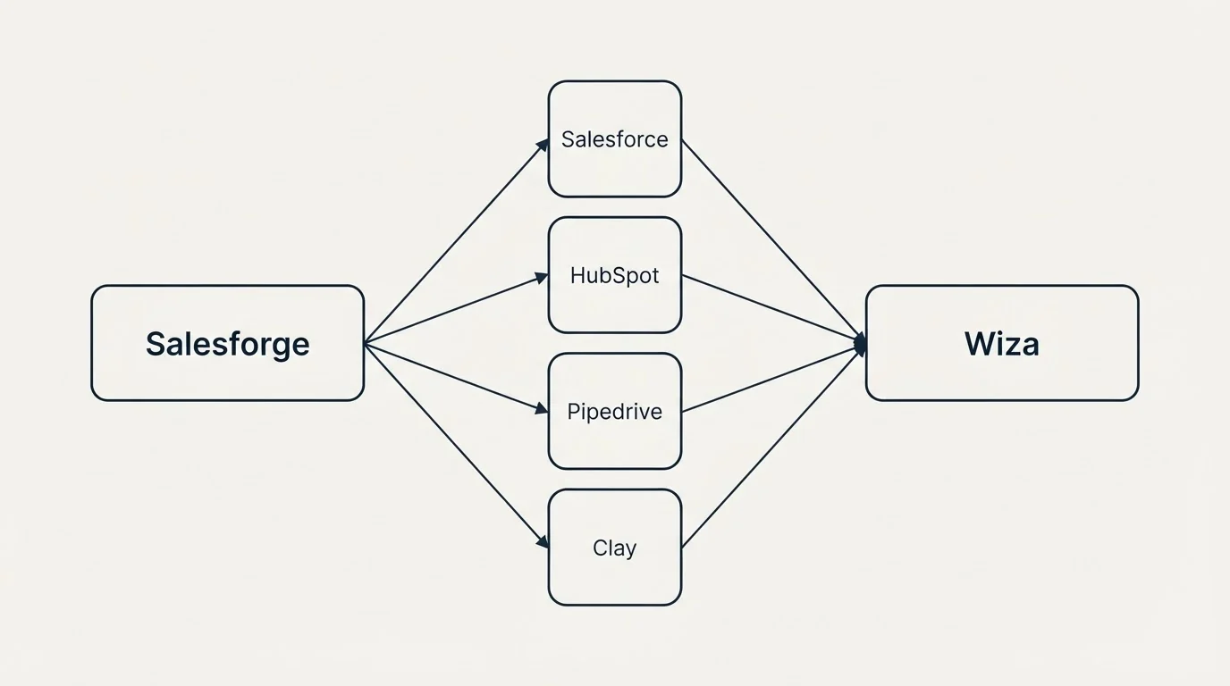 Integration schematic: Integration Ecosystem (Salesforge, Wiza, Salesforce, HubSpot)