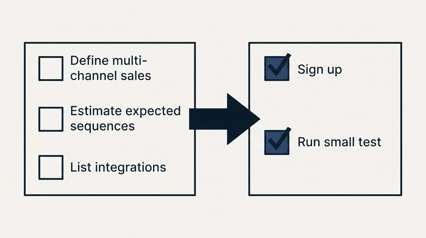 Before-and-after steps: Getting Started Checklist (Define multi-channel sales, Estimate expected sequences, List integrations, Sign up)