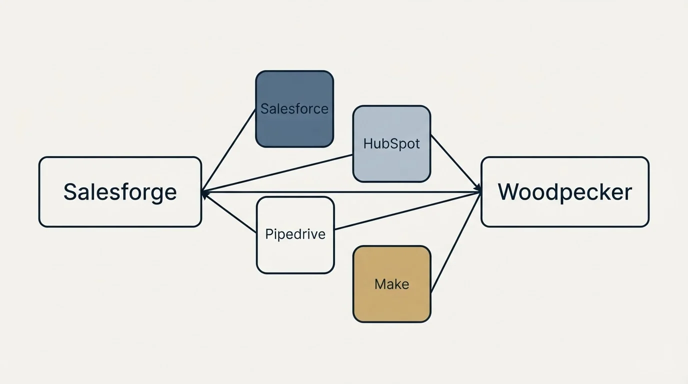 Integration schematic: Integration Ecosystem (Salesforge, Woodpecker, Salesforce, HubSpot)