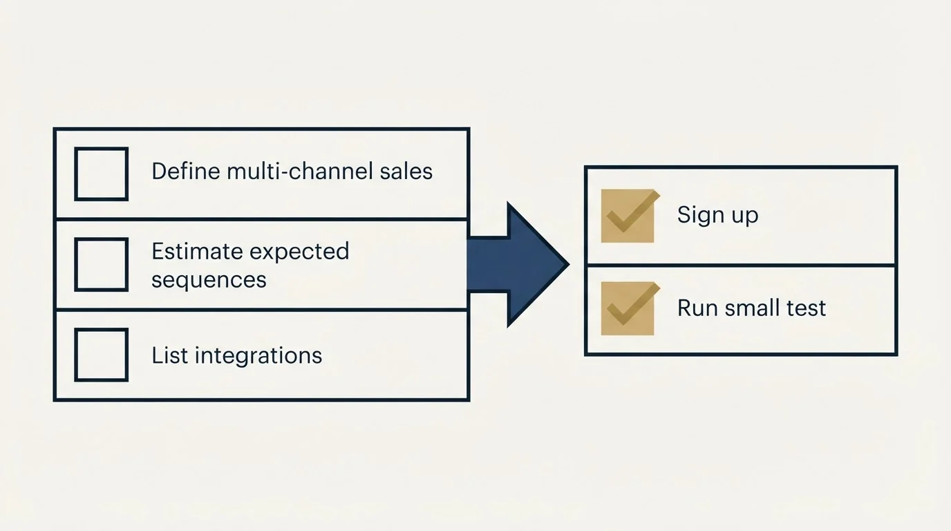 Before-and-after steps: Getting Started Checklist (Define multi-channel sales, Estimate expected sequences, List integrations, Sign up)