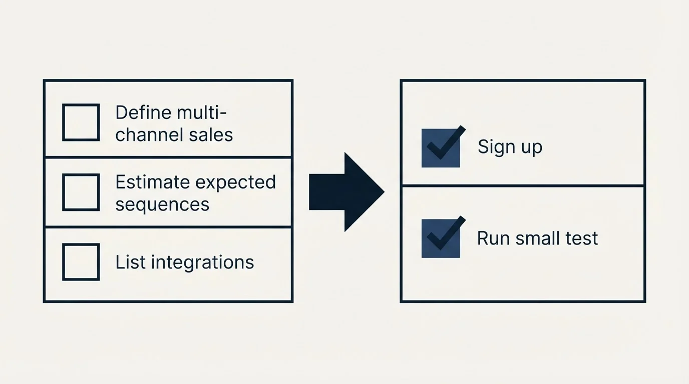 Before-and-after steps: Getting Started Checklist (Define multi-channel sales, Estimate expected sequences, List integrations, Sign up)