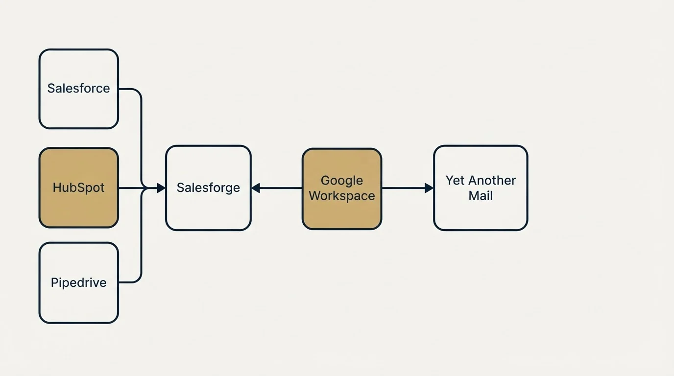 Integration flow: Integration Ecosystem (Salesforge, Yet Another Mail, Google Workspace, Salesforce)