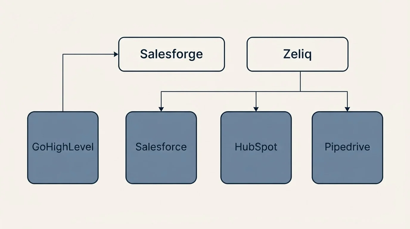 Integration grid: Integration Ecosystem (Salesforge, Zeliq, Salesforce, HubSpot)
