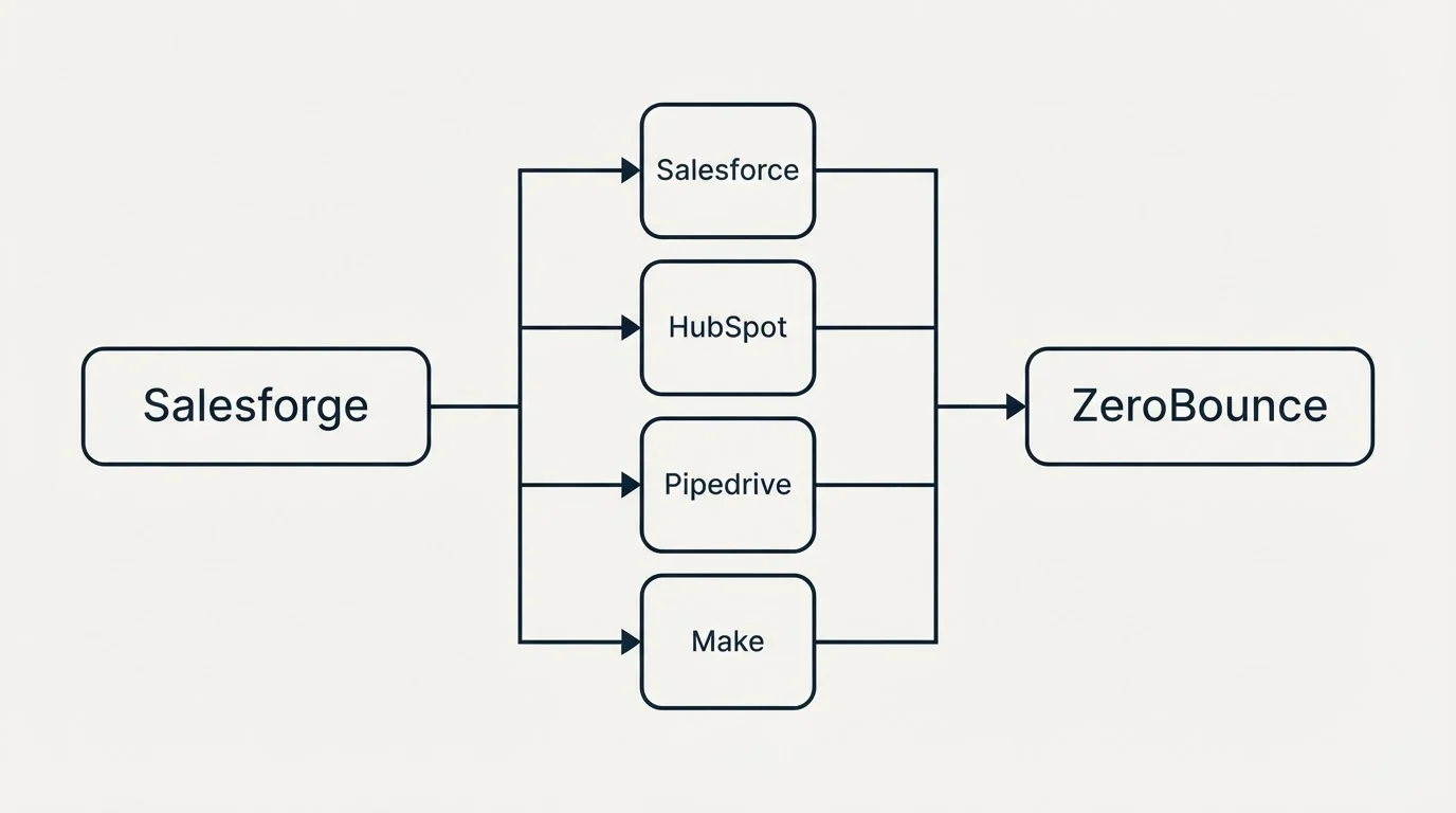 Integration flow: Integration Ecosystem (Salesforge, ZeroBounce, Salesforce, HubSpot)