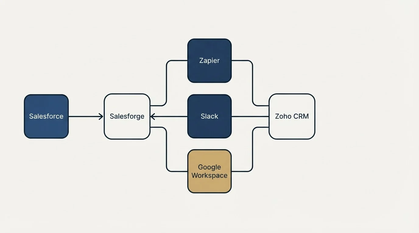 Integration flow: Integration Ecosystem (Salesforge, Zoho CRM, Zapier, Slack)