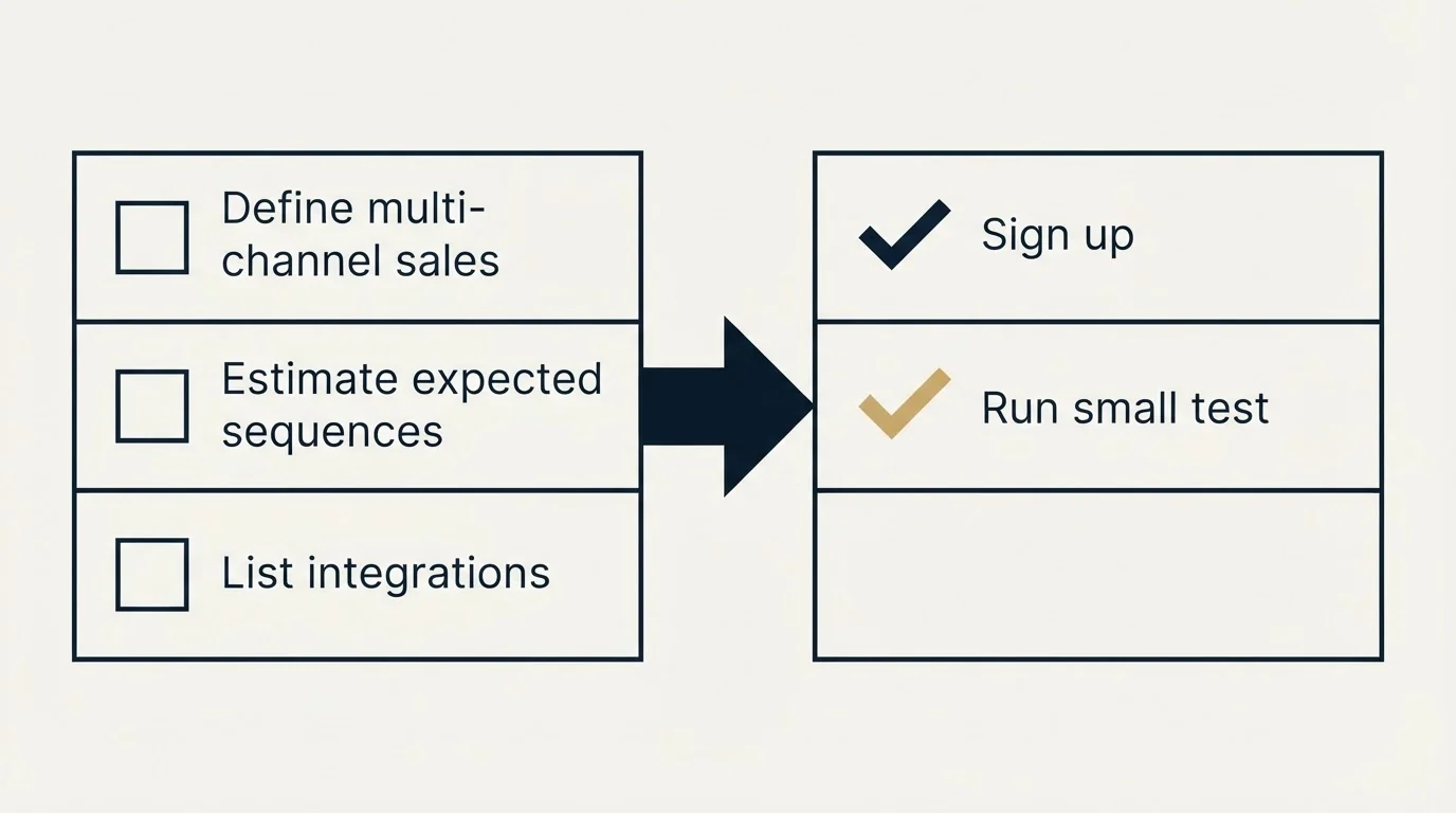 Before-and-after steps: Getting Started Checklist (Define multi-channel sales, Estimate expected sequences, List integrations, Sign up)