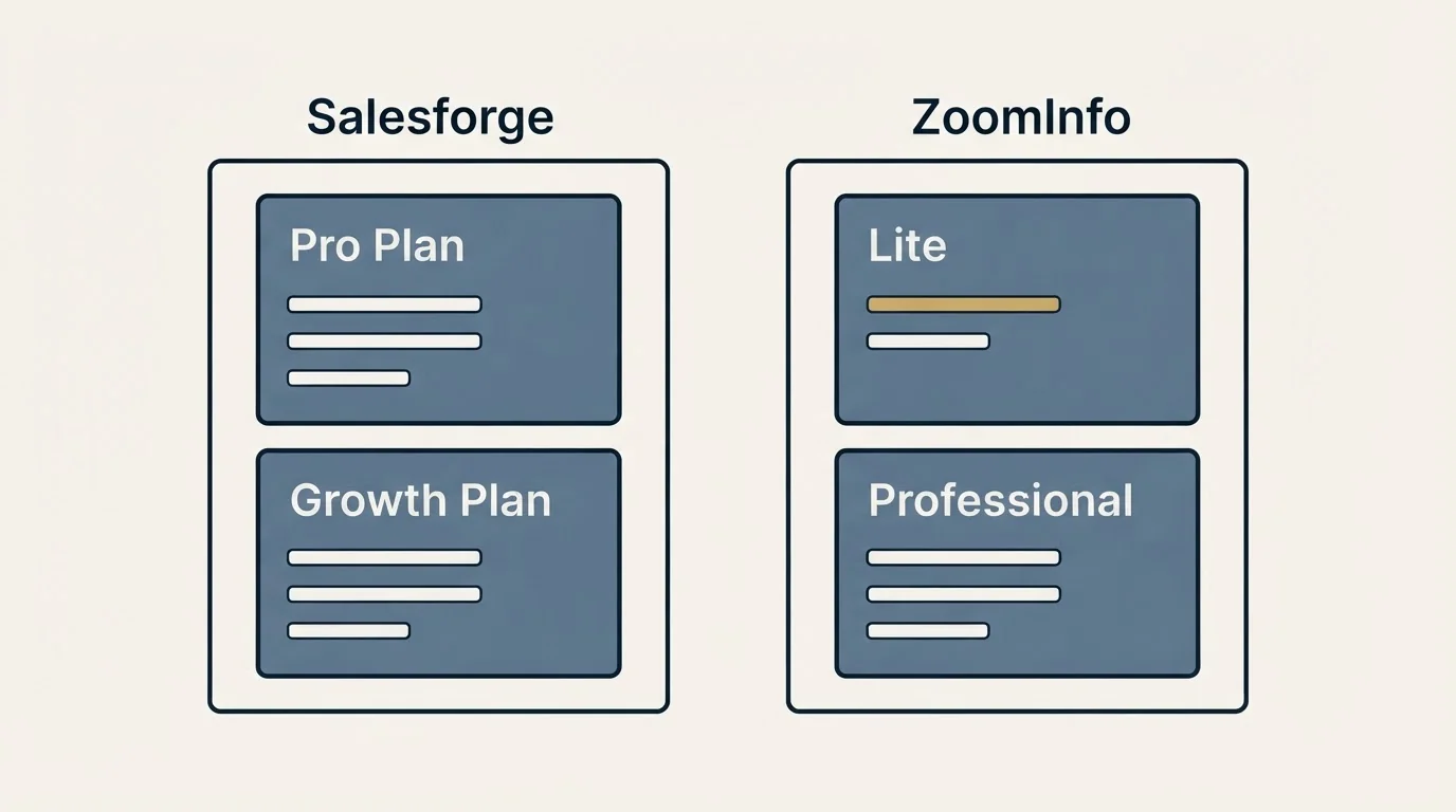 Pricing panels: Pricing Comparison (Salesforge, ZoomInfo, Pro Plan, Lite)
