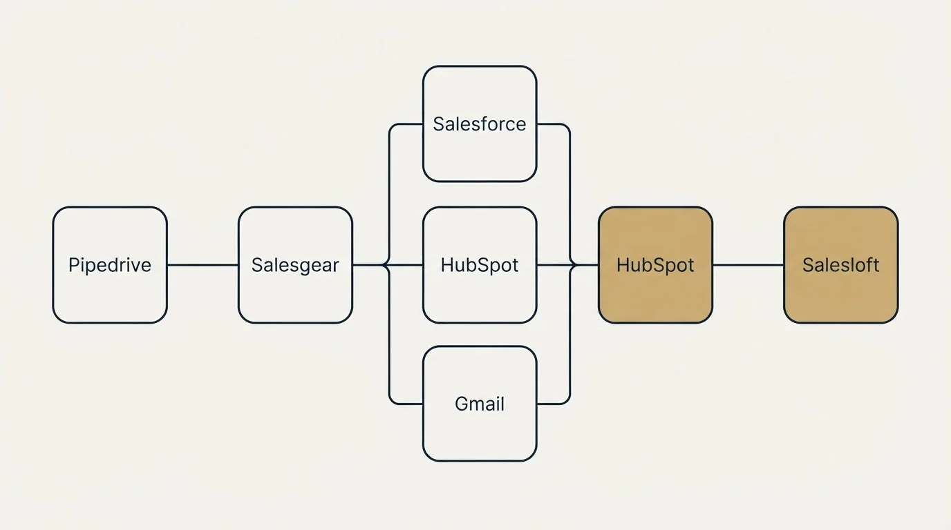 Integration flow: Integration Ecosystem (Salesgear, Salesloft, Salesforce, HubSpot)
