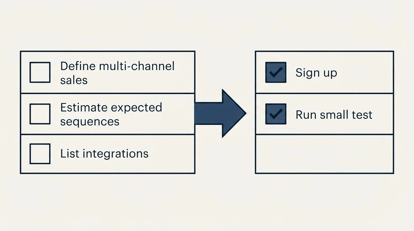 Before-and-after steps: Getting Started Checklist (Define multi-channel sales, Estimate expected sequences, List integrations, Sign up)