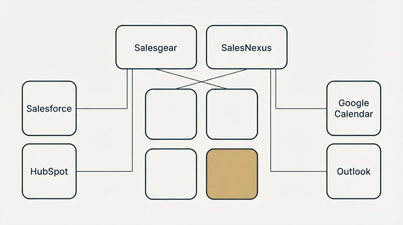 Integration grid: Integration Ecosystem (Salesgear, SalesNexus, Salesforce, Google Calendar)
