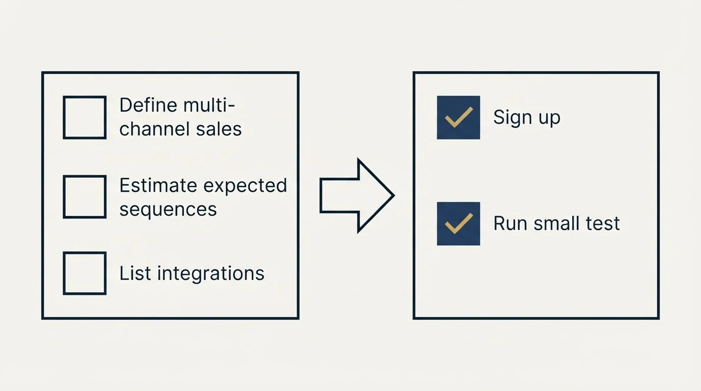 Before-and-after steps: Getting Started Checklist (Define multi-channel sales, Estimate expected sequences, List integrations, Sign up)