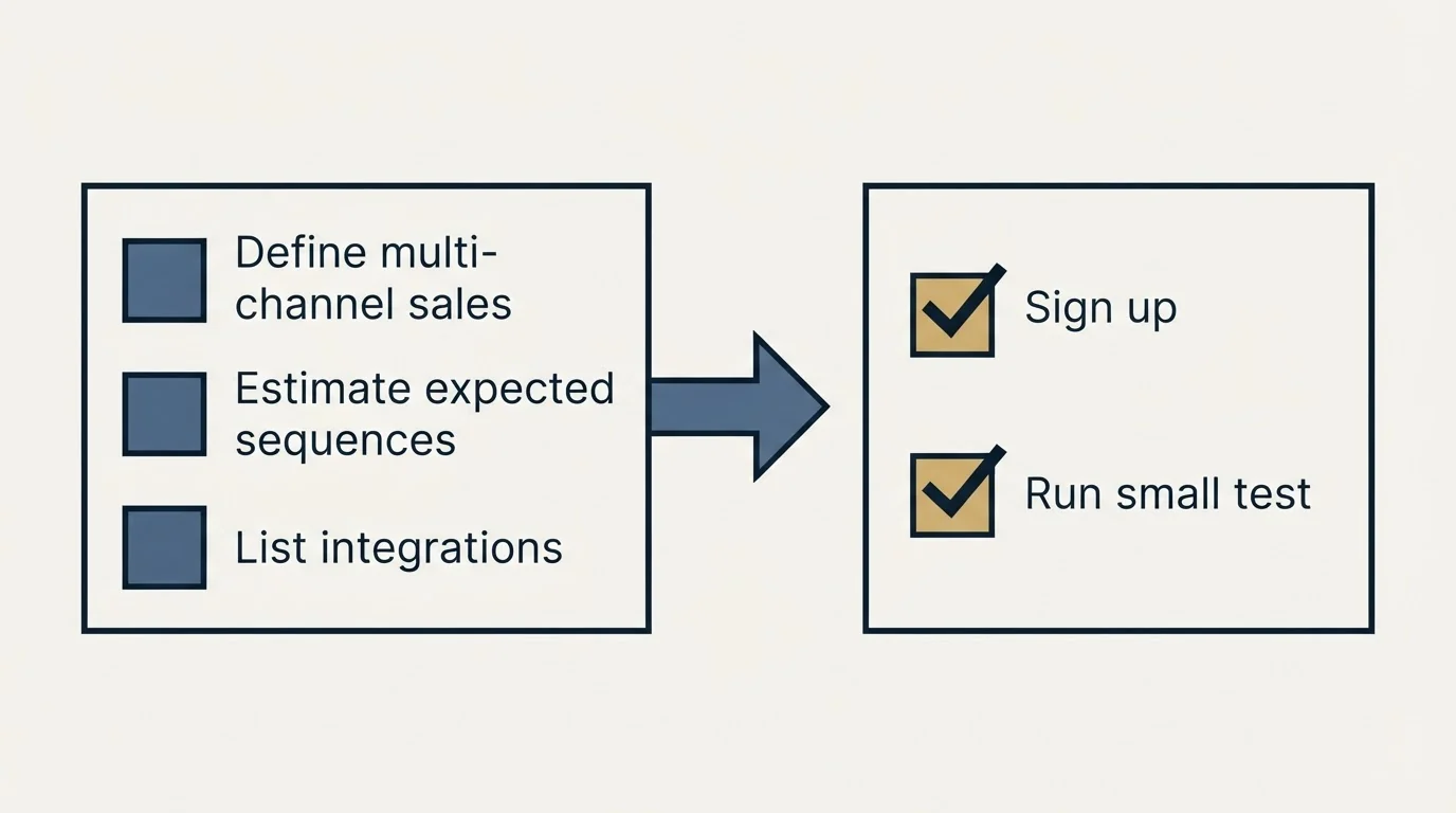 Before-and-after steps: Getting Started Checklist (Define multi-channel sales, Estimate expected sequences, List integrations, Sign up)