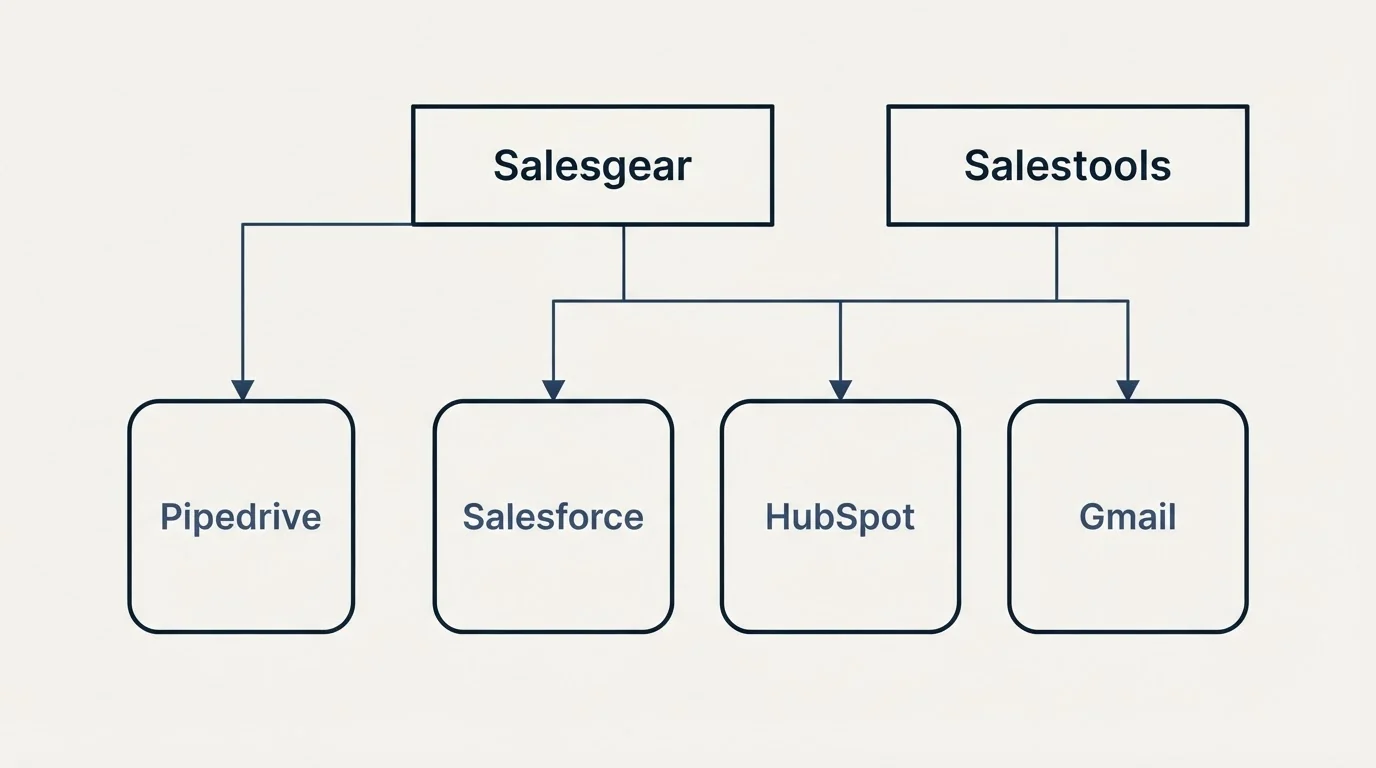 Integration grid: Integration Ecosystem (Salesgear, Salestools, Salesforce, HubSpot)