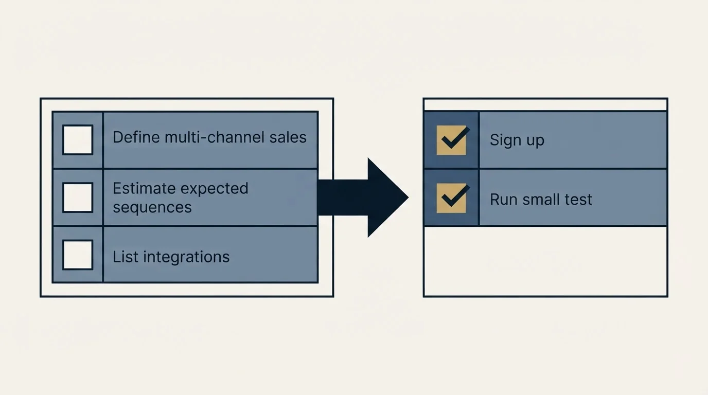 Before-and-after steps: Getting Started Checklist (Define multi-channel sales, Estimate expected sequences, List integrations, Sign up)