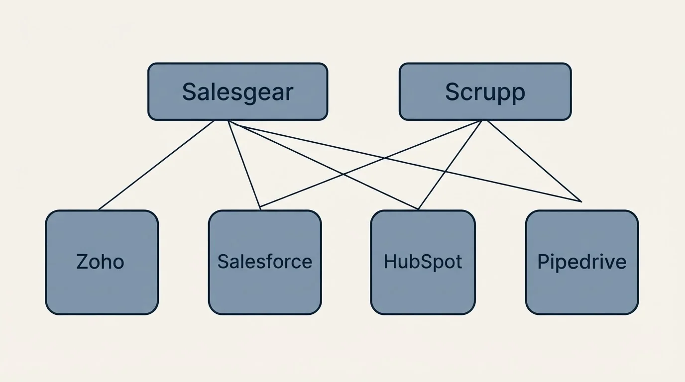Integration grid: Integration Ecosystem (Salesgear, Scrupp, Salesforce, HubSpot)