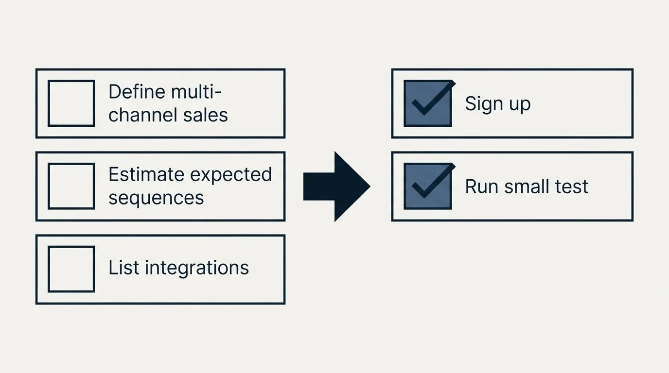 Before-and-after steps: Getting Started Checklist (Define multi-channel sales, Estimate expected sequences, List integrations, Sign up)