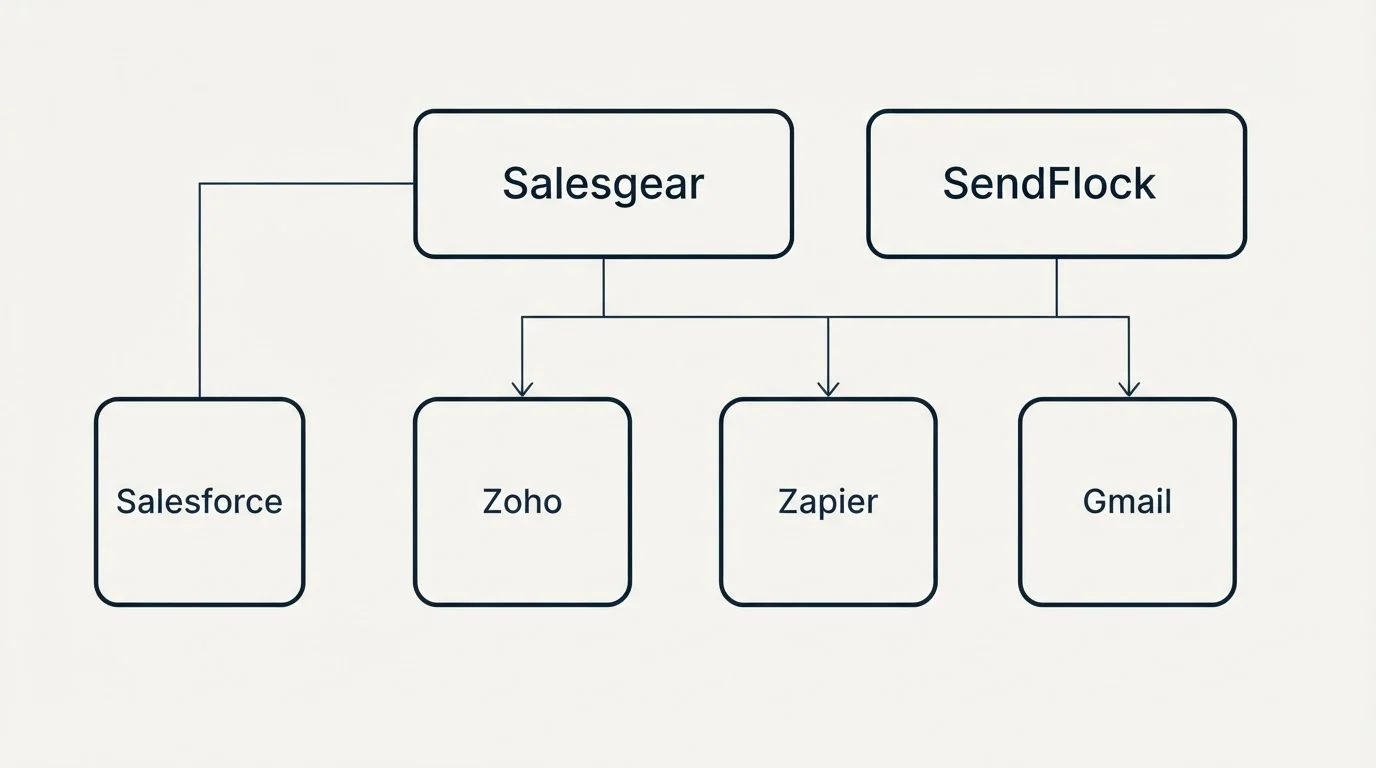 Integration grid: Integration Ecosystem (Salesgear, SendFlock, Zoho, Zapier)