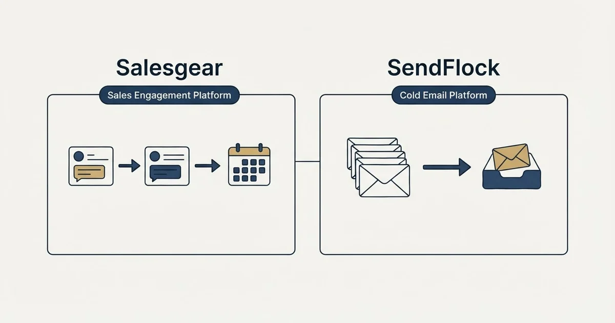 Side-by-side panels: Salesgear vs SendFlock (Sales Engagement Platform, Cold Email Platform)
