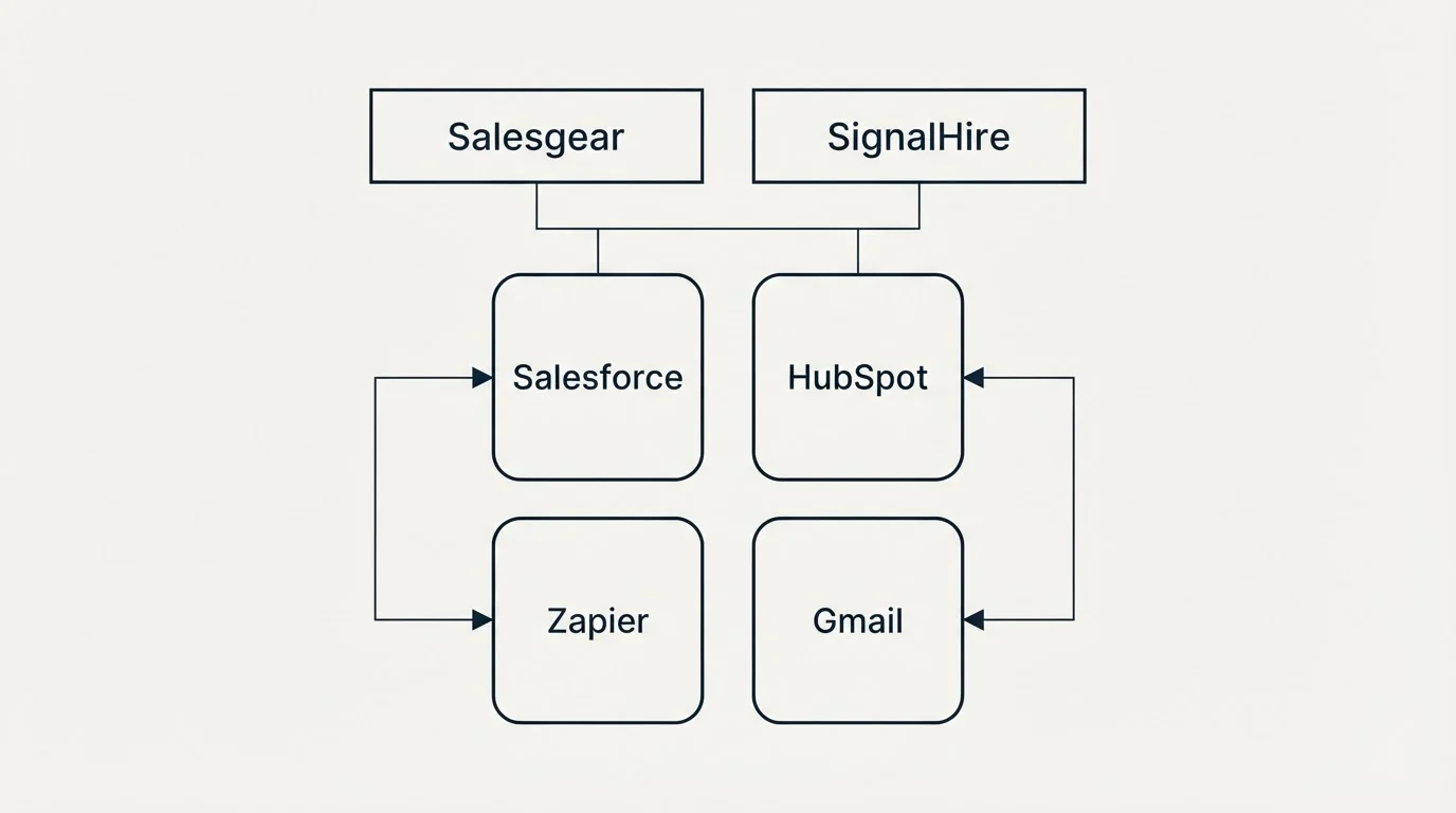 Integration grid: Integration Ecosystem (Salesgear, SignalHire, Salesforce, HubSpot)