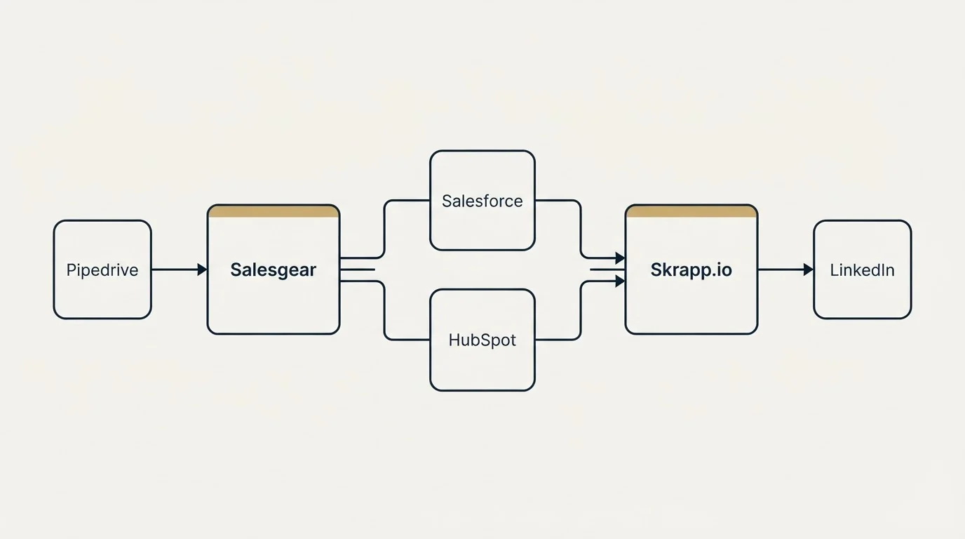 Integration schematic: Integration Ecosystem (Salesgear, Skrapp.io, Salesforce, HubSpot)