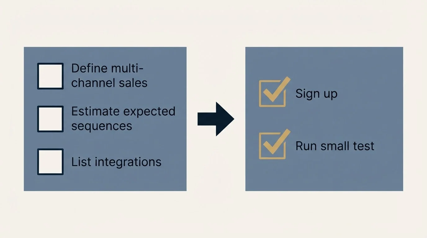 Before-and-after steps: Getting Started Checklist (Define multi-channel sales, Estimate expected sequences, List integrations, Sign up)