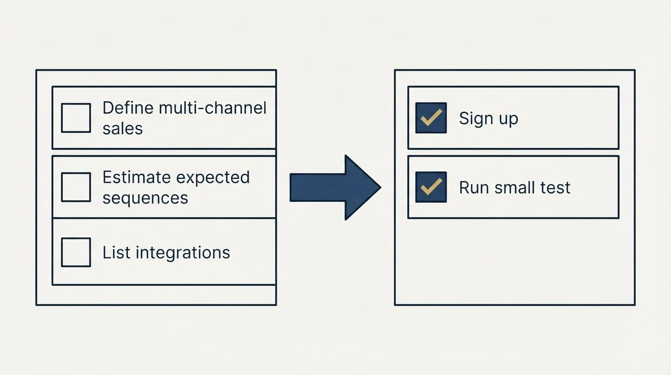 Before-and-after steps: Getting Started Checklist (Define multi-channel sales, Estimate expected sequences, List integrations, Sign up)